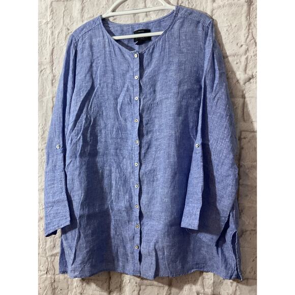 TAHARI 2X Blue 100% Linen Roll Tab Sleeve MOP Button Flowy Tunic Top Blouse - Picture 6 of 6